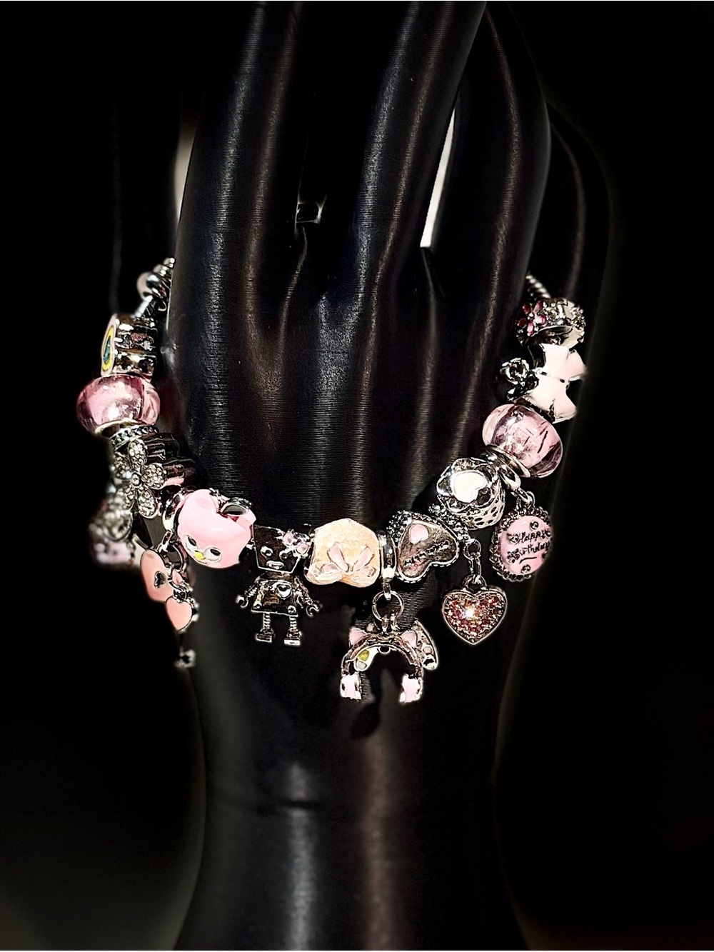 Pink Charm Bracelet for Women - Silver-Tone Pink Beads and Hearts